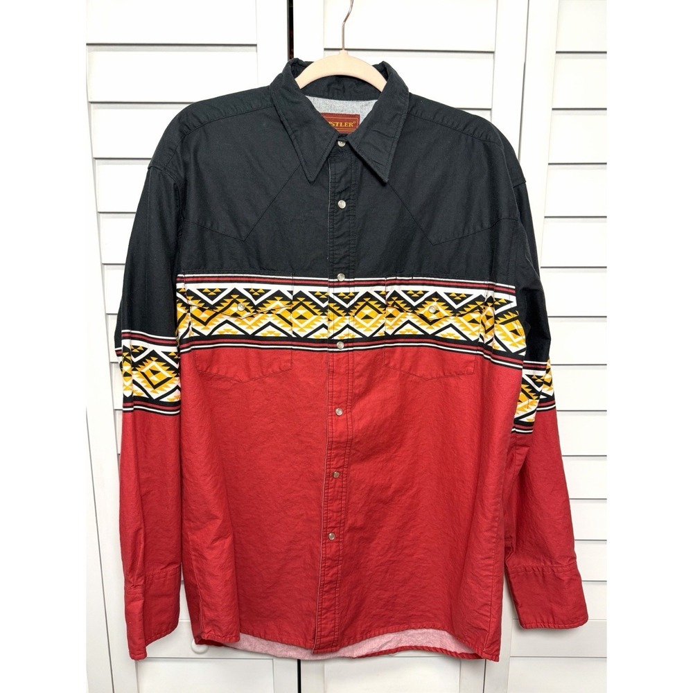 Rustler Vintage Southwestern Aztec Pearl Snap Long Sleeve Shirt Men's Large